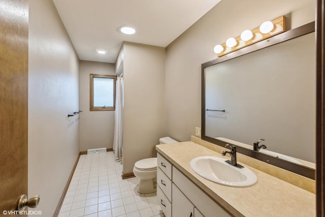 full bath with toilet, tile patterned flooring, baseboards, vanity, and curtained shower