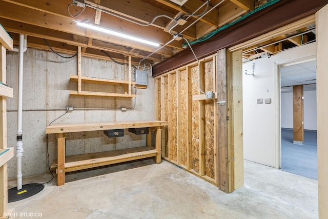unfinished basement with a workshop area