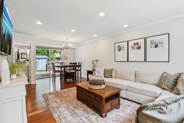 1509 Wilson Ave, Wheaton, IL 60189 - living room with a chandelier, crown molding, recessed lighting, wood finished floors, and baseboards