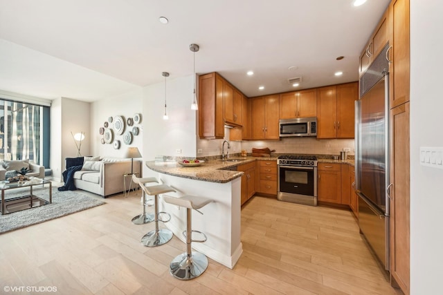 kitchen featuring a sink, a peninsula, open floor plan, light stone countertops, and appliances with stainless steel finishes