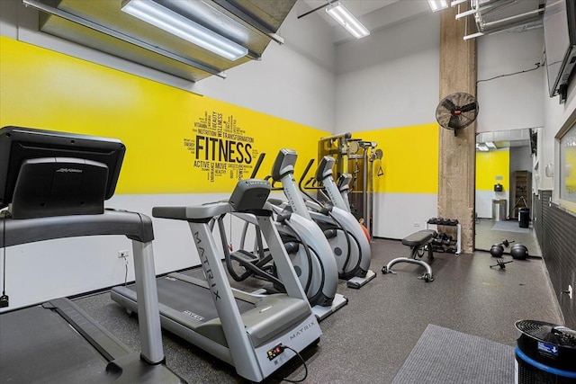 exercise room featuring a towering ceiling