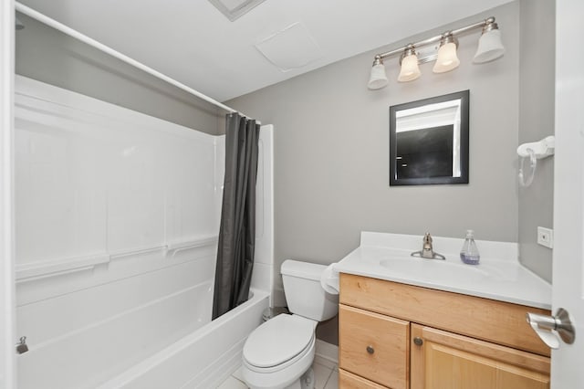 bathroom with toilet, vanity, and shower / bathtub combination with curtain