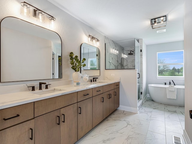 full bathroom featuring double vanity, visible vents, a stall shower, a sink, and marble finish floor