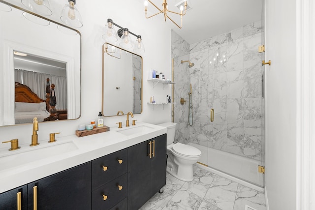 4353 S Indiana Ave Unit 3, Chicago, IL 60653 - bathroom featuring marble look tiles, a marble finish shower, toilet, a chandelier, and double vanity