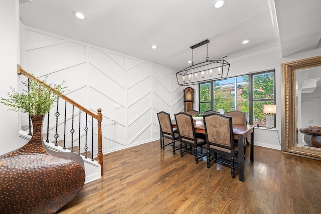 4353 S Indiana Ave Unit 3, Chicago, IL 60653 - dining area featuring a decorative wall, wood finished floors, ornamental molding, recessed lighting, and stairs