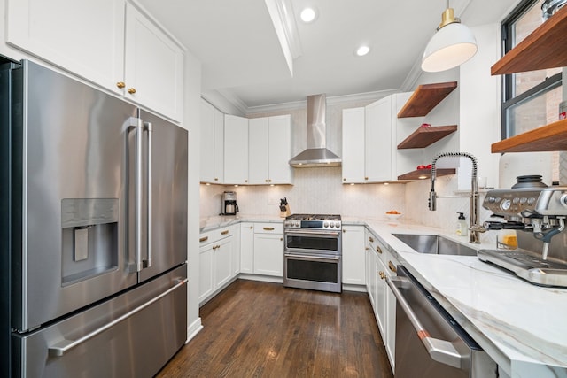 4353 S Indiana Ave Unit 3, Chicago, IL 60653 - kitchen with high end appliances, wall chimney range hood, open shelves, a sink, and dark wood-type flooring