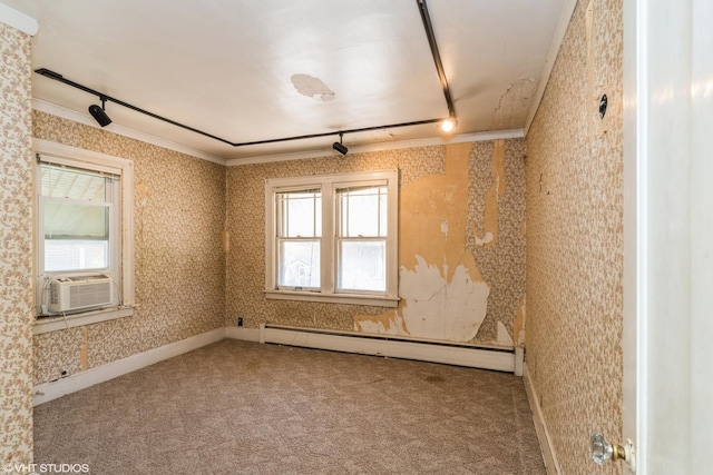 empty room featuring baseboard heating, wallpapered walls, cooling unit, carpet, and crown molding