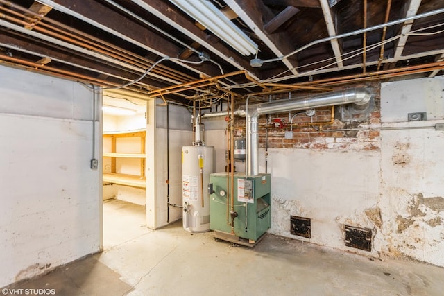 unfinished below grade area featuring gas water heater and a heating unit