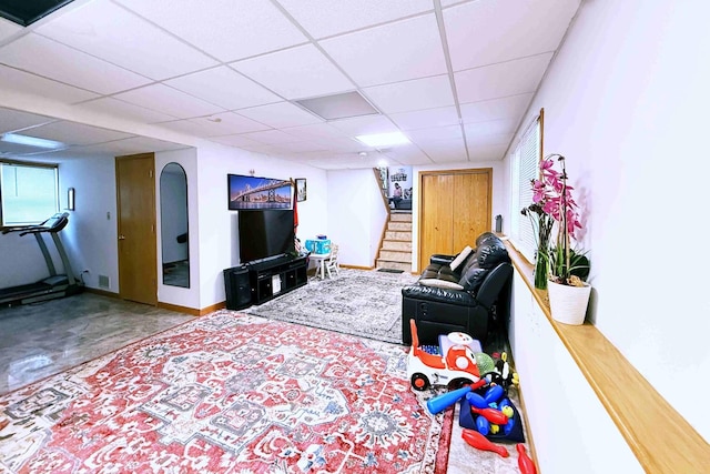 6742 W Forest View Ln, Niles, IL 60714 - living area with stairs, a drop ceiling, and carpet flooring