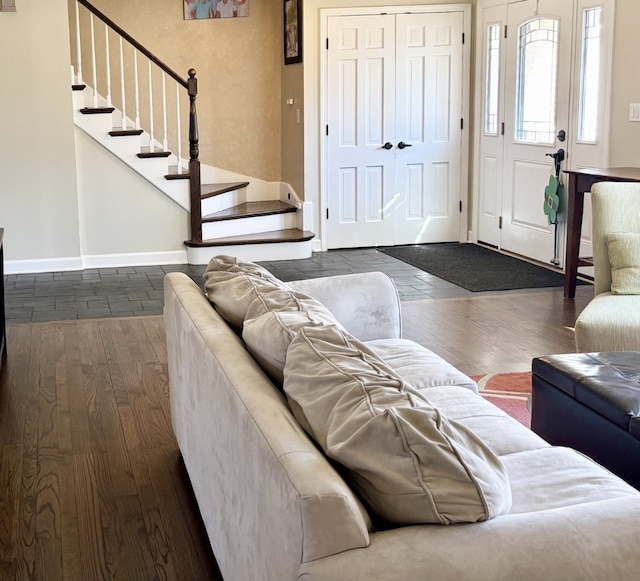 9 Aberdeen Rd, Hawthorn Woods, IL 60047 - living area featuring baseboards, hardwood / wood-style floors, and stairs