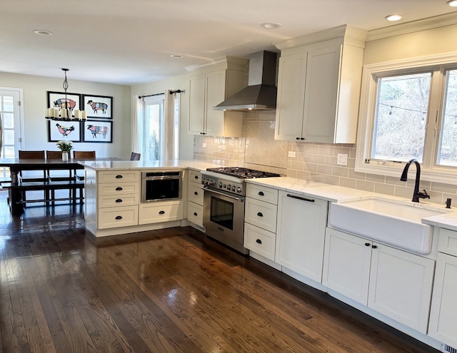 9 Aberdeen Rd, Hawthorn Woods, IL 60047 - kitchen featuring a sink, a peninsula, wall chimney exhaust hood, dark wood-style floors, and appliances with stainless steel finishes