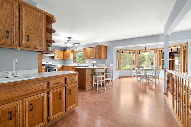 12318 W Donegal Ln, New Lenox, IL 60451 - kitchen featuring a sink, stainless steel range with gas cooktop, brown cabinetry, a peninsula, and ceiling fan