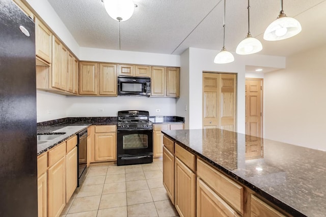 6560 W Diversey Ave Unit 412D, Chicago, IL 60707 - kitchen featuring black appliances, dark stone countertops, hanging light fixtures, light tile patterned floors, and light brown cabinets