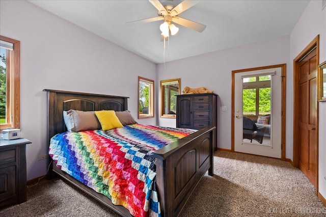 bedroom with carpet flooring, baseboards, and a ceiling fan