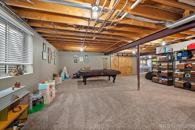 basement with carpet and billiards