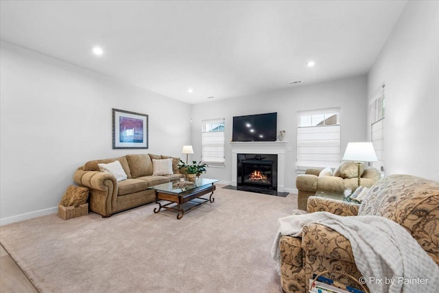 3610 Reddington Cir, Elgin, IL 60124 - living room with carpet, baseboards, a fireplace with flush hearth, and recessed lighting