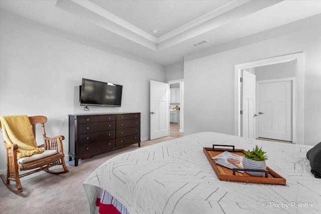 3610 Reddington Cir, Elgin, IL 60124 - bedroom with crown molding, visible vents, baseboards, a raised ceiling, and light colored carpet