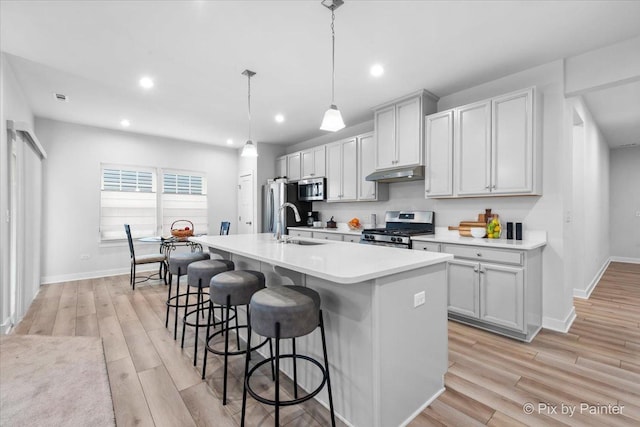 3610 Reddington Cir, Elgin, IL 60124 - kitchen with a sink, a center island with sink, under cabinet range hood, a kitchen bar, and appliances with stainless steel finishes