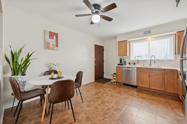 6259 N NW Hwy Unit 3D, Chicago, IL 60631 - kitchen with a sink, ornamental molding, visible vents, light countertops, and stainless steel dishwasher