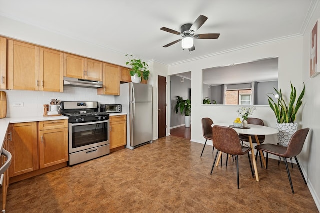 6259 N NW Hwy Unit 3D, Chicago, IL 60631 - kitchen featuring stainless steel appliances, under cabinet range hood, ceiling fan, light countertops, and tasteful backsplash
