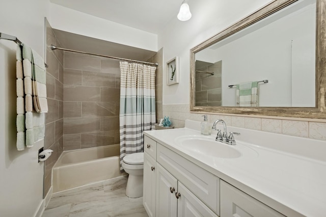 6259 N NW Hwy Unit 3D, Chicago, IL 60631 - bathroom featuring toilet, tile walls, marble finish floor, vanity, and shower / bath combination with curtain
