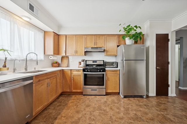 6259 N NW Hwy Unit 3D, Chicago, IL 60631 - kitchen featuring a sink, visible vents, backsplash, under cabinet range hood, and appliances with stainless steel finishes