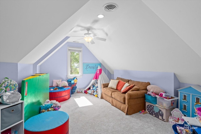 4779 Lees Ct, Oswego, IL 60543 - playroom featuring carpet floors, lofted ceiling, and a ceiling fan