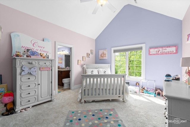4779 Lees Ct, Oswego, IL 60543 - bedroom with high vaulted ceiling, carpet floors, connected bathroom, and ceiling fan