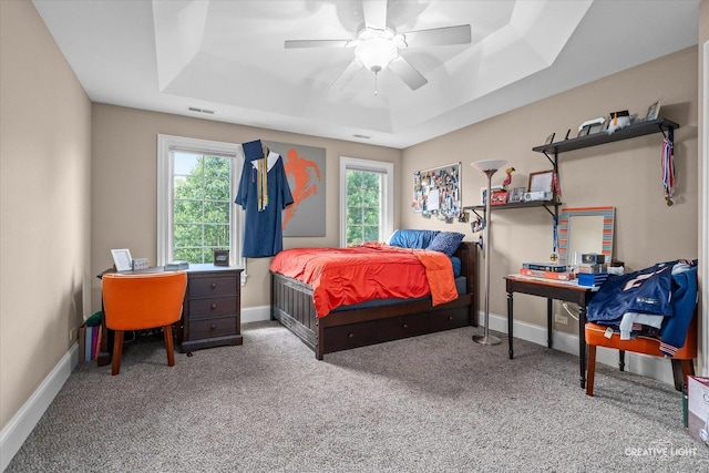 4779 Lees Ct, Oswego, IL 60543 - bedroom featuring a tray ceiling, carpet, baseboards, and ceiling fan