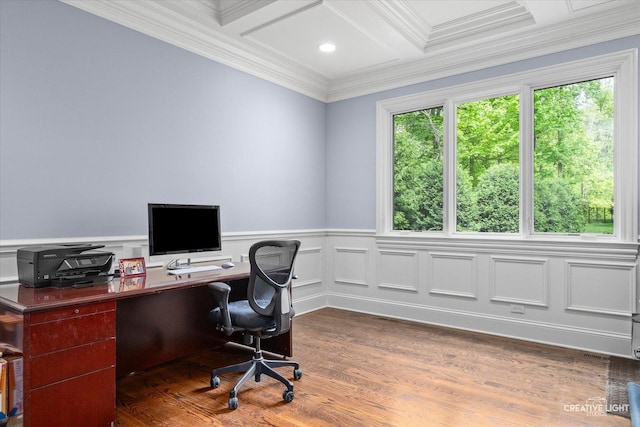 4779 Lees Ct, Oswego, IL 60543 - office with coffered ceiling, ornamental molding, wood finished floors, wainscoting, and beamed ceiling