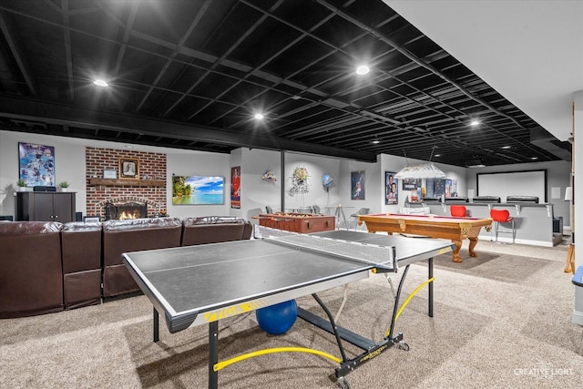 4779 Lees Ct, Oswego, IL 60543 - game room featuring carpet flooring, billiards table, and a brick fireplace