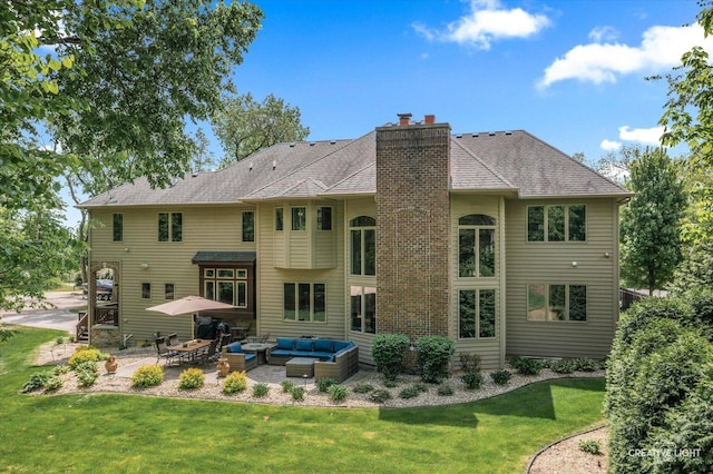 4779 Lees Ct, Oswego, IL 60543 - back of property featuring outdoor lounge area, a patio, a lawn, and a chimney