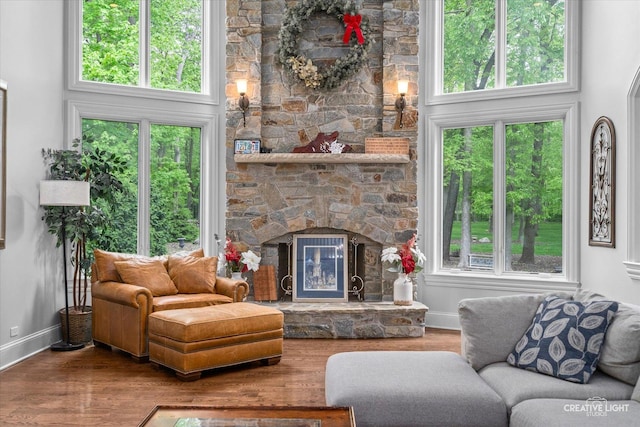 4779 Lees Ct, Oswego, IL 60543 - living area featuring baseboards, wood finished floors, and a fireplace