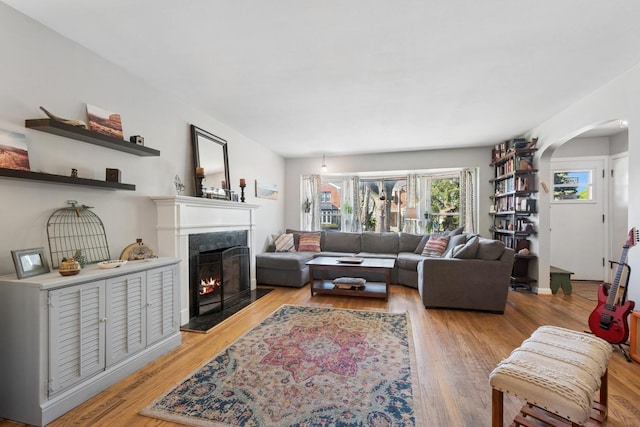2815 W Jarvis Ave, Chicago, IL 60645 - living area featuring a premium fireplace, light wood-style flooring, and arched walkways