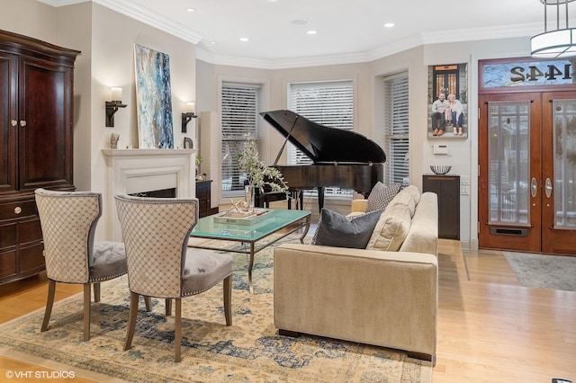 1442 W Cuyler Ave, Chicago, IL 60613 - sitting room with crown molding, light wood finished floors, french doors, and recessed lighting