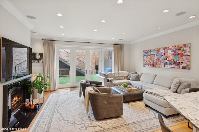 1442 W Cuyler Ave, Chicago, IL 60613 - living room with recessed lighting, french doors, crown molding, and wood finished floors