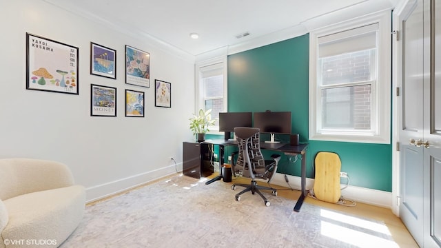 office with baseboards, ornamental molding, and wood finished floors