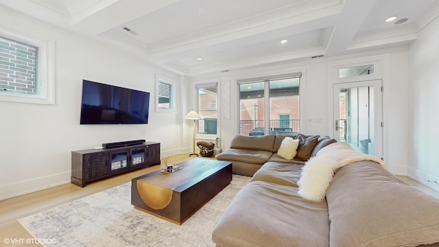 living room with coffered ceiling, wood finished floors, baseboards, beamed ceiling, and recessed lighting