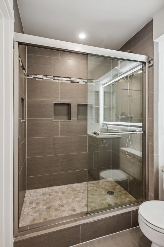 345 N Canal St Unit 1003, Chicago, IL 60606 - full bathroom featuring toilet, a stall shower, and wood finished floors