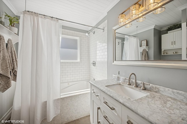 full bathroom with tiled shower / bath, ornamental molding, vanity, and tile patterned floors