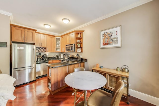 kitchen featuring appliances with stainless steel finishes, a peninsula, open shelves, glass insert cabinets, and crown molding