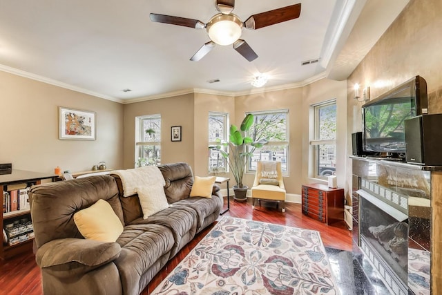 living room with a ceiling fan, a fireplace, wood finished floors, and ornamental molding