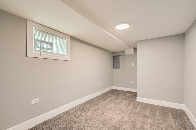 below grade area with baseboards, carpet flooring, and electric panel