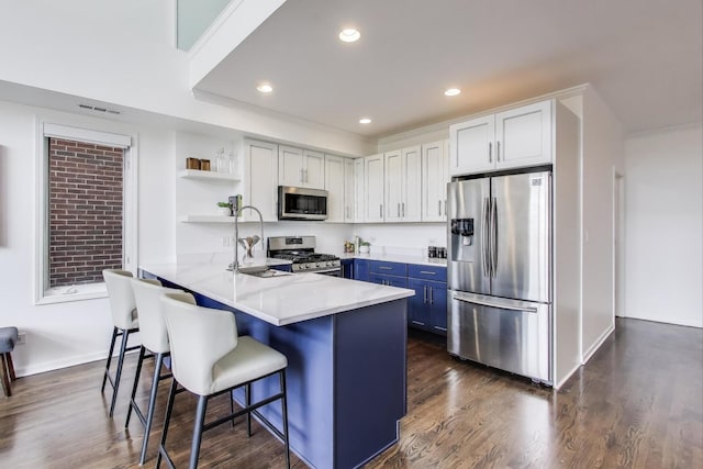 1426 N Cleveland Ave Unit 3, Chicago, IL 60610 - kitchen with stainless steel appliances, blue cabinets, open shelves, a peninsula, and a breakfast bar