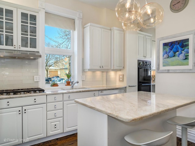 2426 W Mclean Ave, Chicago, IL 60647 - kitchen featuring a sink, white cabinets, tasteful backsplash, and light stone counters