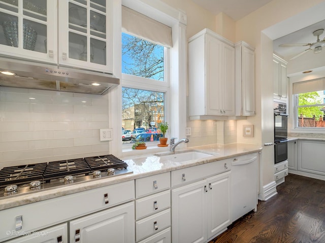 2426 W Mclean Ave, Chicago, IL 60647 - kitchen featuring white dishwasher, a sink, decorative backsplash, and dark wood-style floors