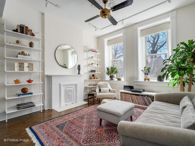2426 W Mclean Ave, Chicago, IL 60647 - living room with a fireplace, wood finished floors, a ceiling fan, and track lighting