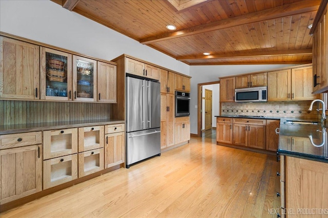 6N198 Old Homestead Rd, Saint Charles, IL 60175 - kitchen with appliances with stainless steel finishes, a sink, wooden ceiling, decorative backsplash, and beam ceiling