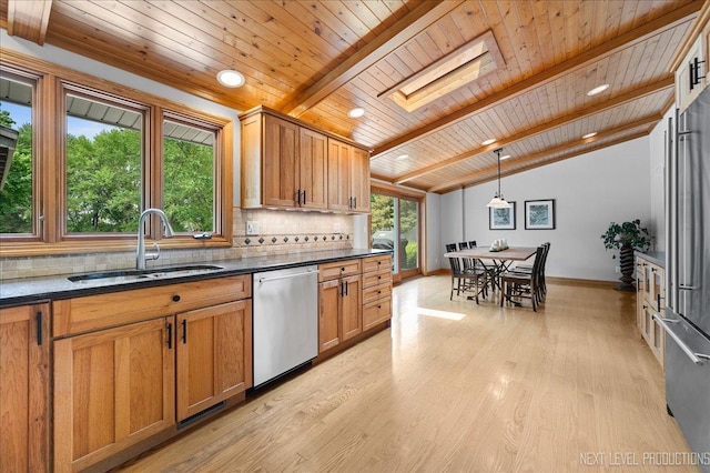 6N198 Old Homestead Rd, Saint Charles, IL 60175 - kitchen featuring stainless steel appliances, a sink, wooden ceiling, backsplash, and light wood-style floors