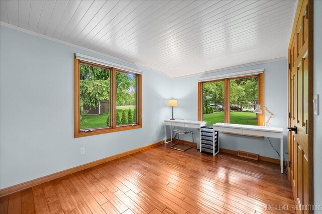 6N198 Old Homestead Rd, Saint Charles, IL 60175 - office space featuring baseboards, plenty of natural light, crown molding, hardwood / wood-style flooring, and wood ceiling